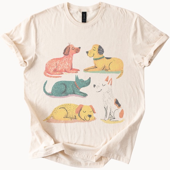 Gildan Tops - Sleeping Dogs Peaceful Illustration Graphic Tee Hand-Drawn Style